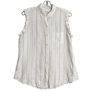 Gap Top Womens M 100% Linen White Purple Stripe Sleeveless Button Front Preppy